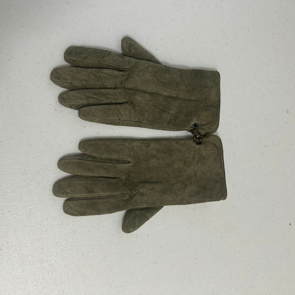 Lauren Ralph Lauren Womens Olive Green Suede Leather Fleece Lined Gloves RL Logo